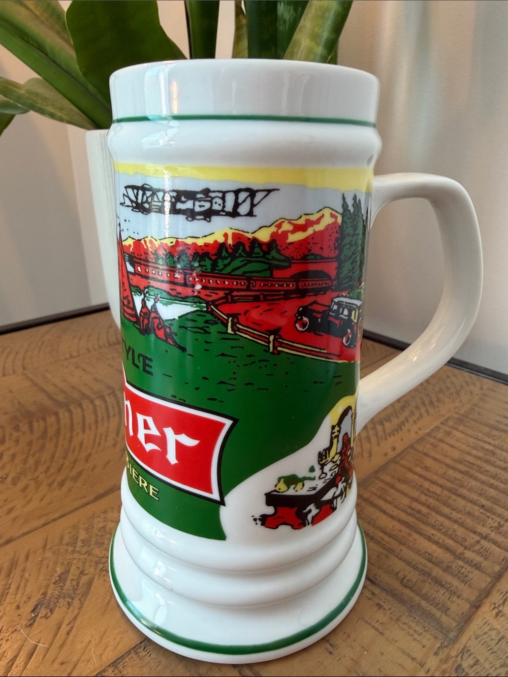 Pilsner Ceramic Beer Mug - White with Green & Red Graphics